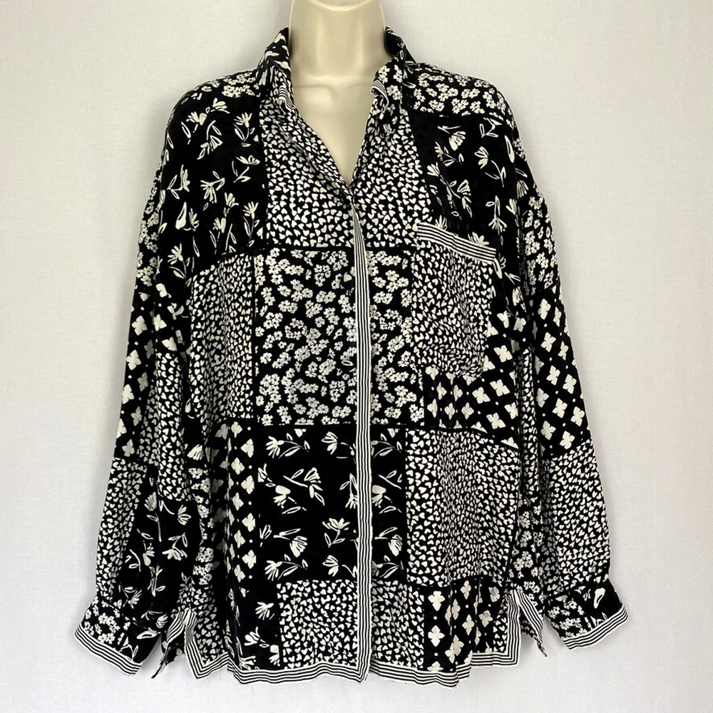 Vintage Adrianna Papell Silk Top Womens Large Patchwork Button Up Black Boho